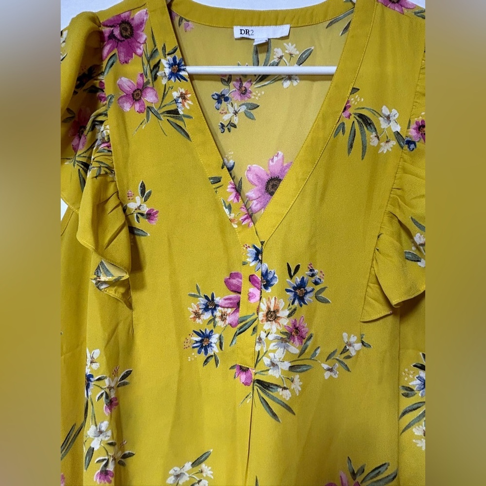 DR2 Women's Mustard Floral Blouse with Ruffled Cap Sleeves - Picture 2 of 7